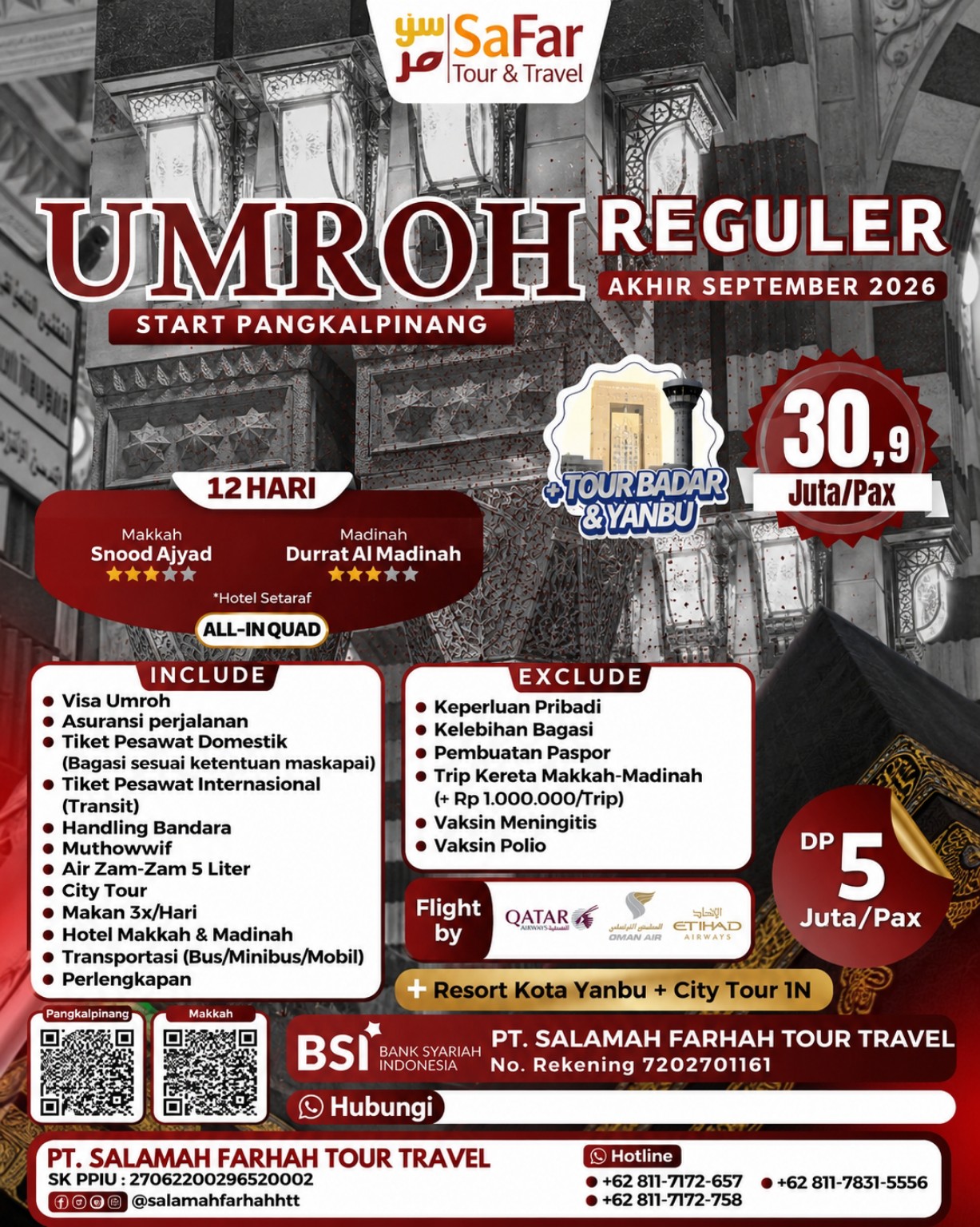 Paket Umroh Reguler 12 hari Pangkalpinang — Tour Badar & Yanbu, Hotel Bintang 5, Akhir September 2026