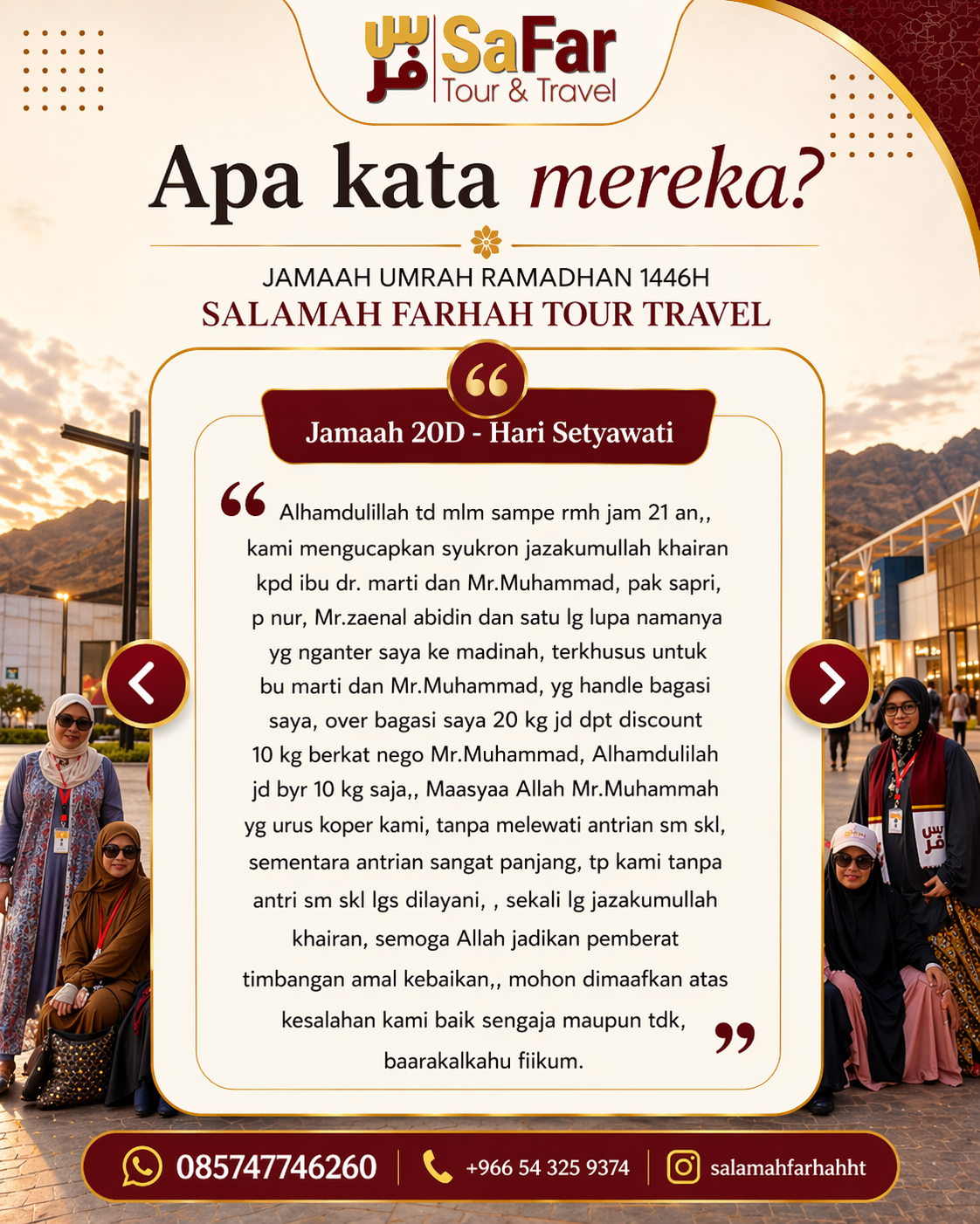 Testimoni jamaah umroh Salamah Farhah Tour Travel — pengalaman ibadah berkesan 2
